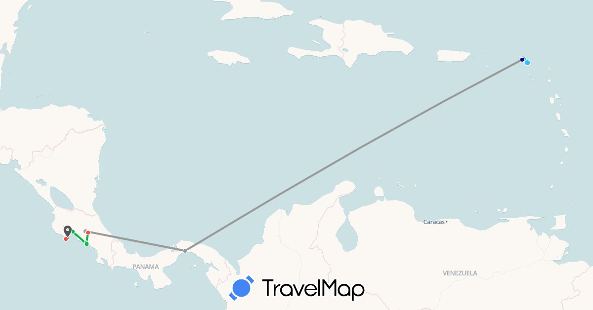 TravelMap itinerary: driving, bus, plane, hiking, boat, motorbike in Netherlands Antilles, Saint Barthélemy, Costa Rica, Saint Martin, Panama (North America)
